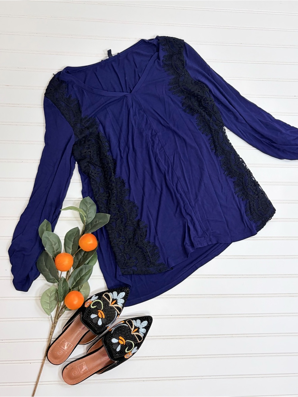 Cable & Gauge Lace Trimmed Long Sleeve Top